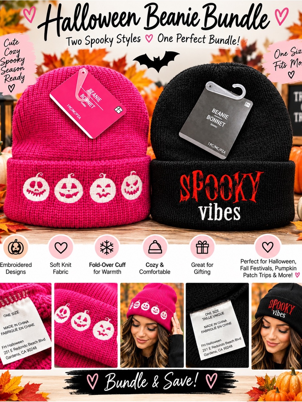 Halloween Beanie Bundle - Pink & Black Spooky Vibes Knit Hats